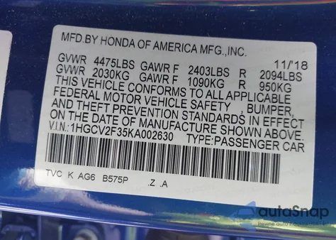 2019 Honda Accord Sport 2.0T from USA, damaged, VIN 1HGCV2F35KA002630